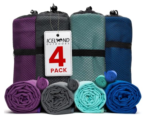 Camping Towel - Fast-Drying Microfiber, 4 Pack for Gym, Swim, Beach, Sports, Backpacking